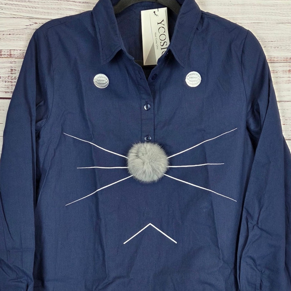 Kitty Cat Blue Popover Top M Embroidered Whiskers & Fuzzy Nose Shirt NWT Kawaii - Picture 3 of 7